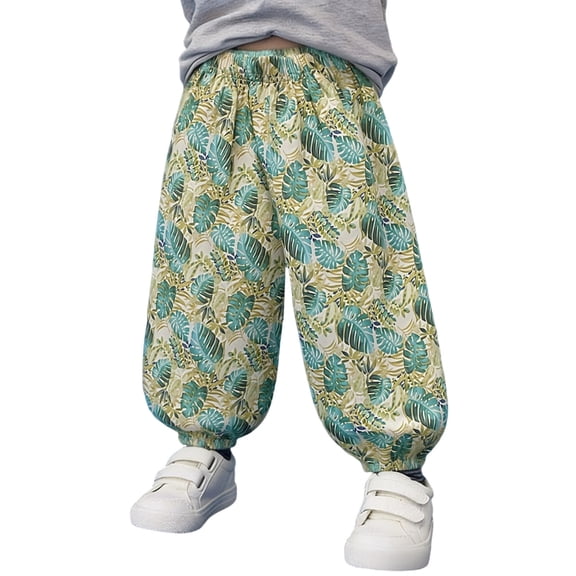XUNKUSGA Girls Pants Baggy Cotton Pull Up Kids Harem Pant Breathable Tropical Print Loose Casual Trousers with Elastic Waist Long Pants for Boys Girls,Green,2 Years