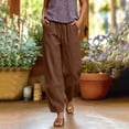 thumbnail image 4 of cocolona Womens Summer Lace Hollow Out Linen Pants Elastic Waist Straight Wide Leg Vacation Beach Trousers with Pocket, 4 of 5