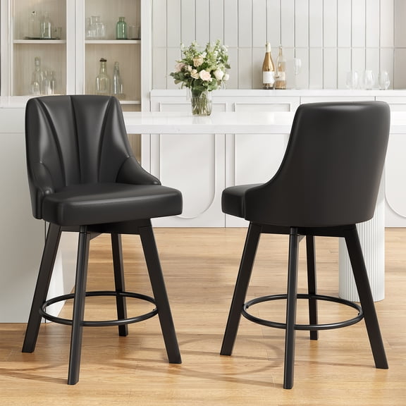 Aufeile Modern Swivel Bar Stools, 24" Counter Height Kitchen Island Chairs with Back, PU Leather Upholstered Barstools, Black Set of 2