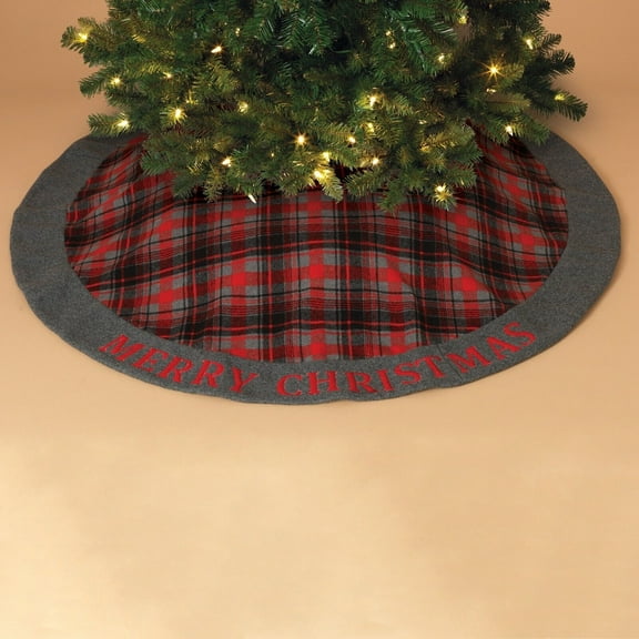 Applique and Embroidered Plaid Christmas Tree Skirt with Fleece Border 48 Inch