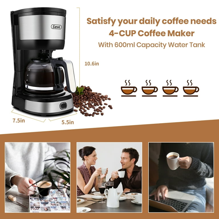 Gevi 4 Cup Coffee Maker with Auto Shut Off Cone Filter Stainless Steel Finish 600ml