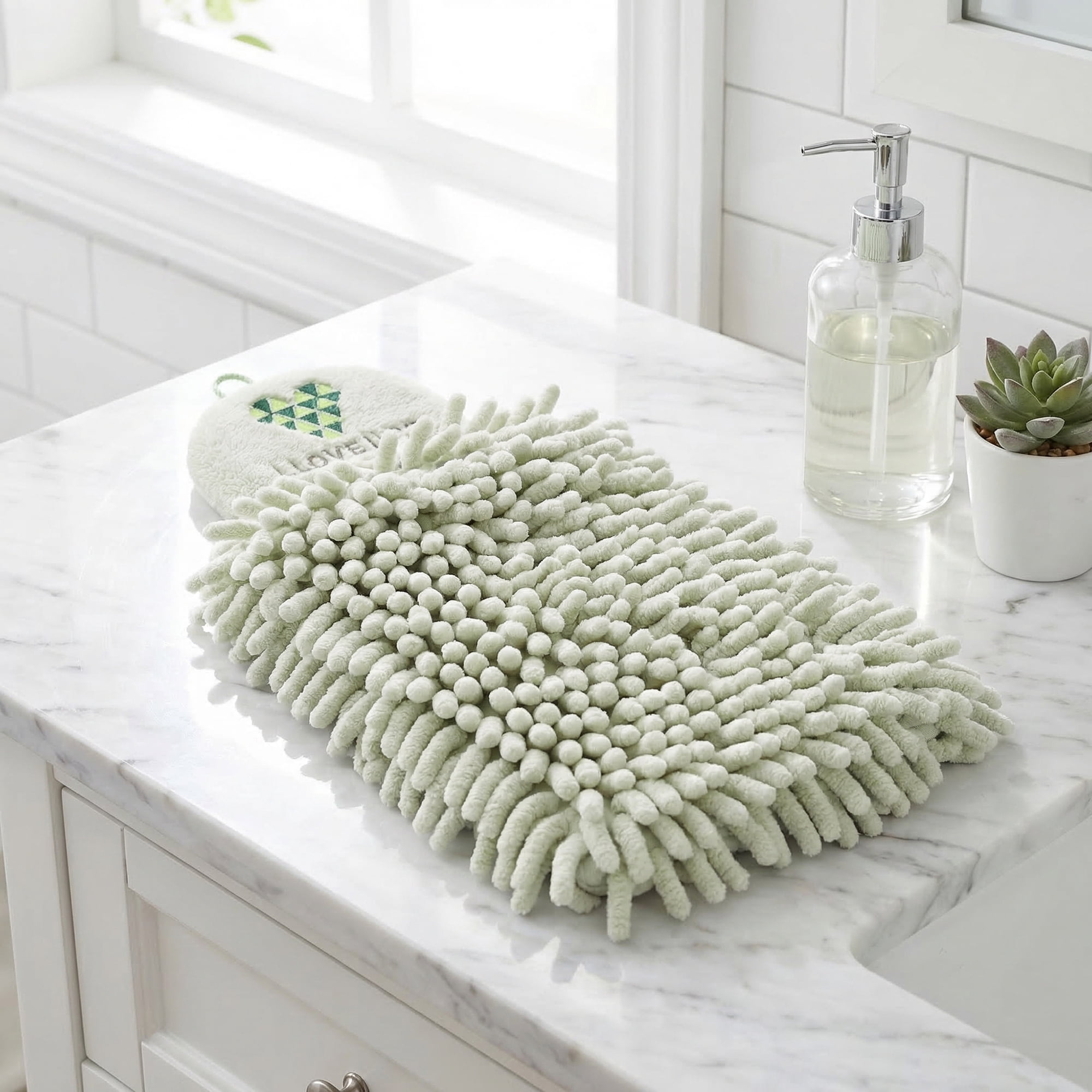 Unique Bargains Fluffy Chenille Ultra Soft Absorbent Quick Dry Towel Green 10" x 4"