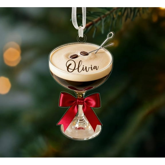 Espresso Martini Christmas Ornament – Custom Name Cocktail Lover Gift, Bar Drink Holiday Decor, Christmas Gift for Friend or Coworker