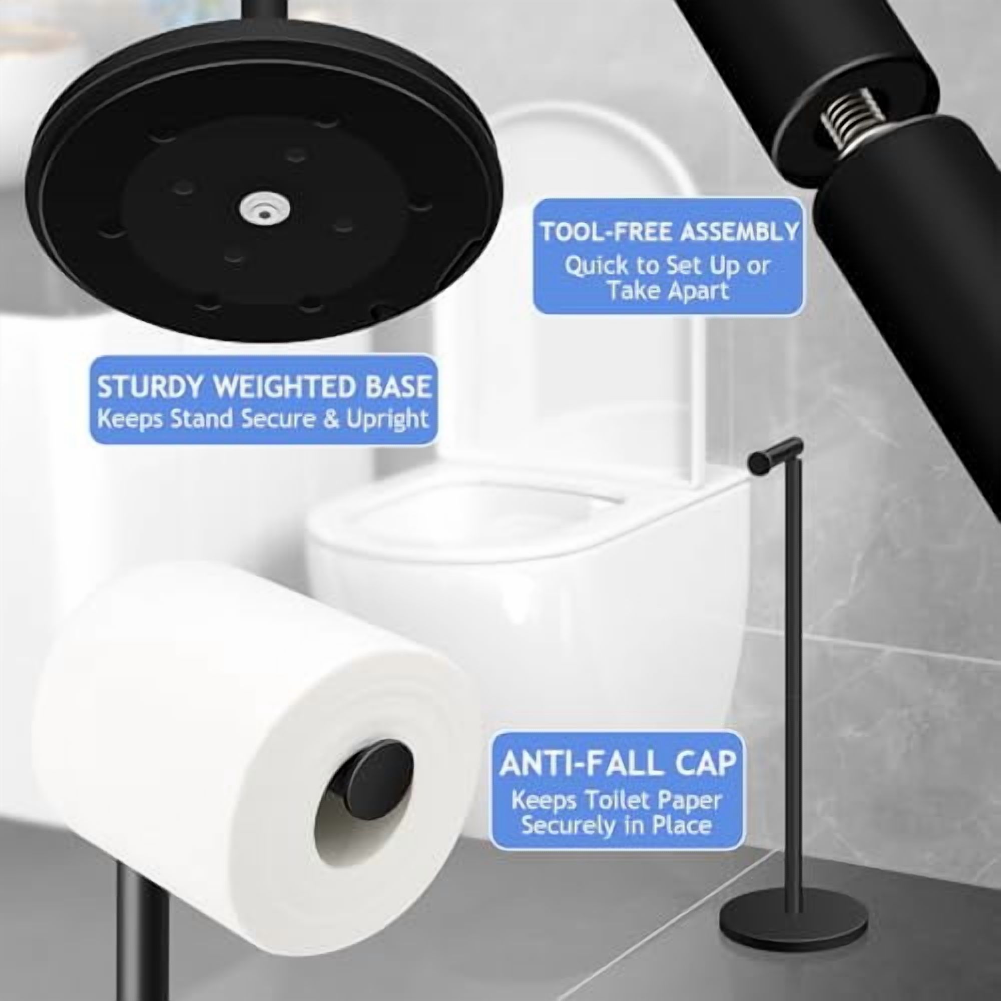 Stainless Steel Free Standing Toilet Paper Holder Stand, Bathroom Storage Organizer Holds 4 Rolls, Modern Matte Black Finish