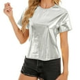 thumbnail image 4 of Silver Tshirts for Women's Spring Summer Metallic Glossy Round Neck Loose Casual T Shirt Womens Short Sleeve Tops, 4 of 6
