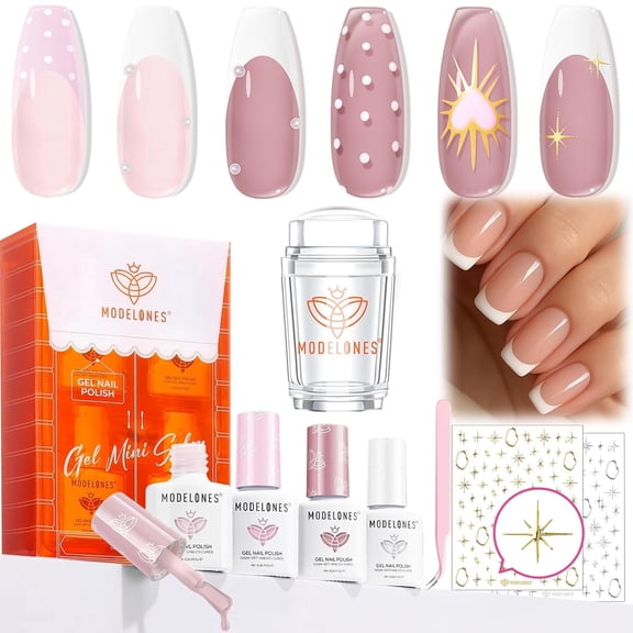 Modelones French Manicure Kit, Jelly Nude White Pink Sheer Gel Nail Polish Set With French Tip Stamper Tool, Silver Gold Stickers, 4 Colors Gel Mini Salon Home DIY Trend Stamp Nail Art Gift
