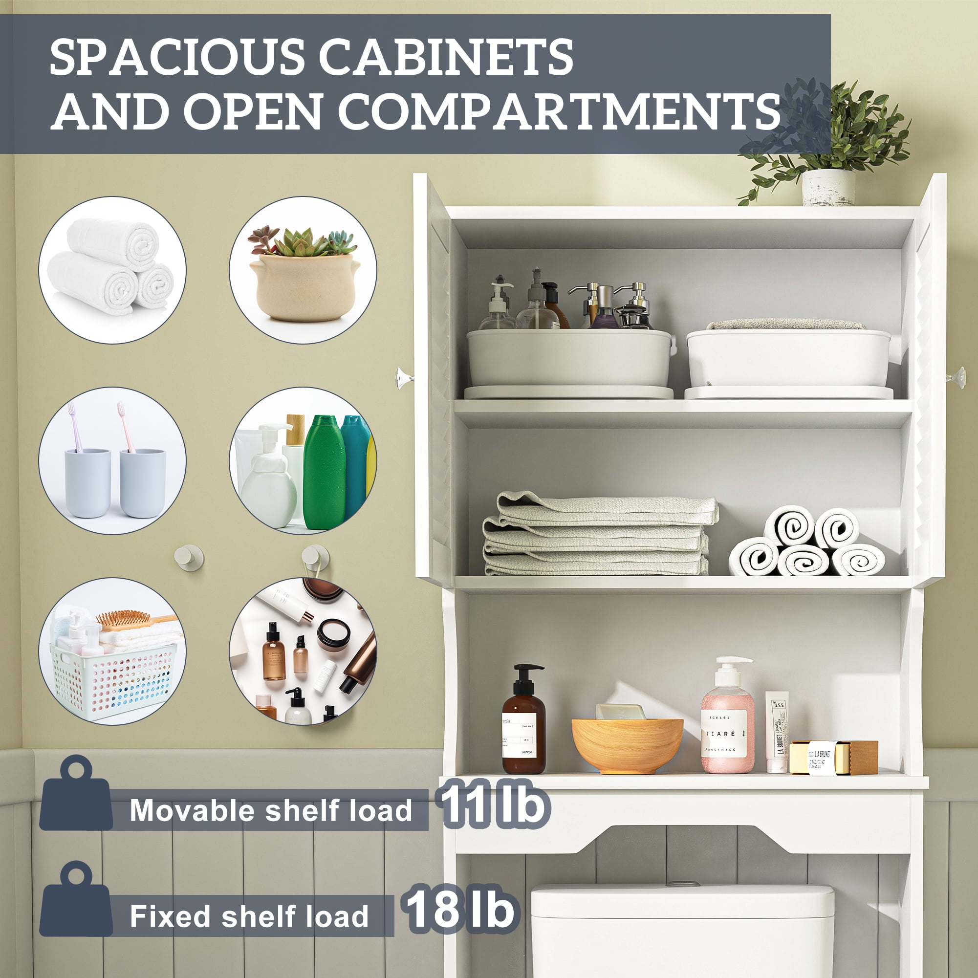 Kadyn Bathroom Space Saver Cabinet, Over The Toilet Storage Cabinet with Double Doors and 1 Adjustable Shelf, W Bathroom Space Saver for Home, White