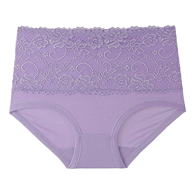 Qcmgmg High Waisted Plus Size Briefs Panties for Women Tummy Control Lace  Underwear Purple 2XL 