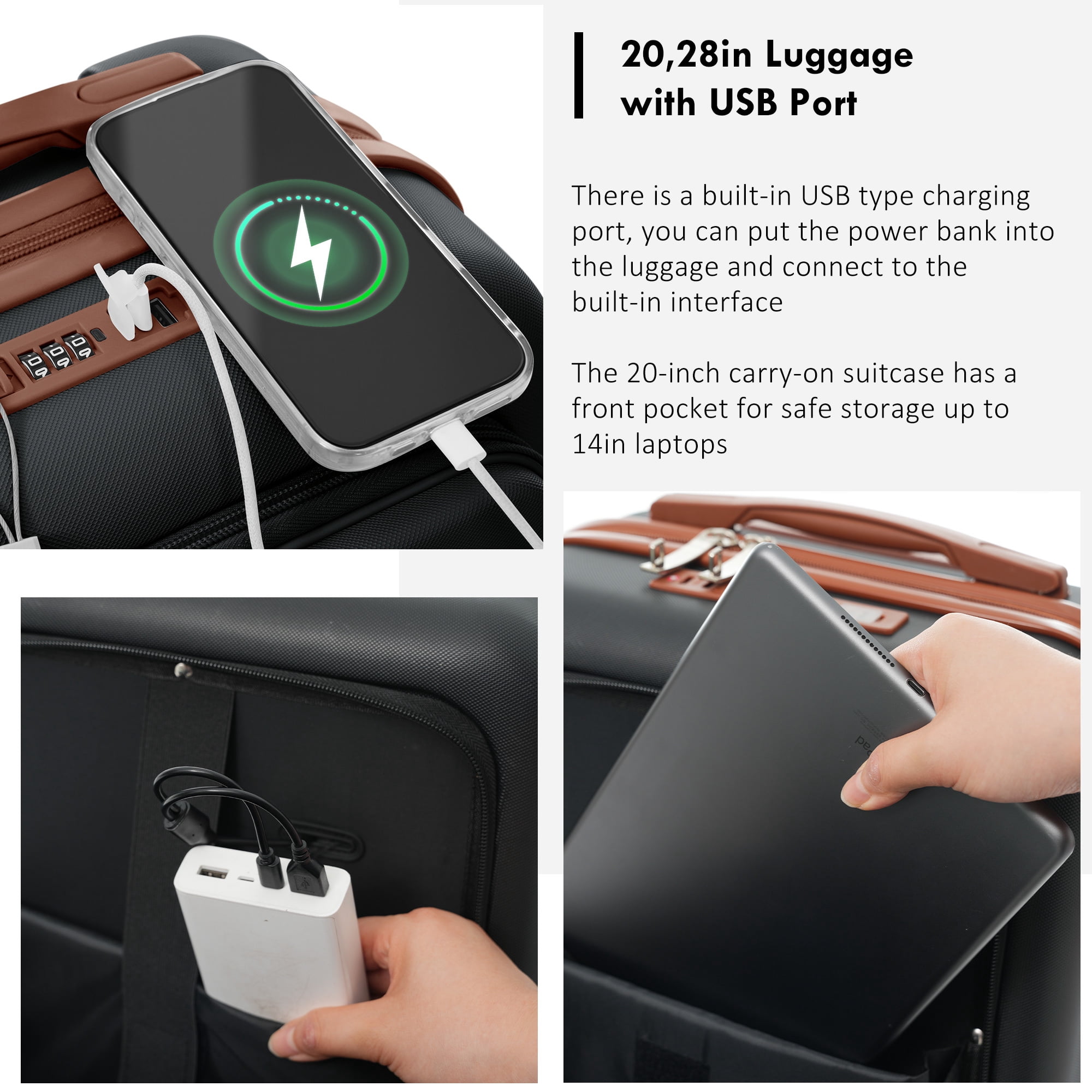 Euroco 2 Piece Luggage Sets Front-Opening, 20" Carry On Luggage with Cup Holder, USB Charging Ports,TSA Lock & Spinner Wheels,ABS Hardshell Lightweight Suitcase Set for Travel,Black+Brown