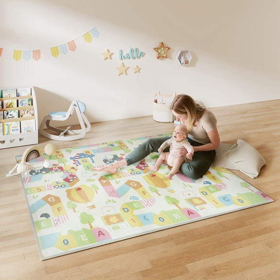 Qaba Foldable & Reversible Baby Play Mat, 79" x 71"Thick Foam Floor Mat, Non-Slip Waterproof Crawling Mat for Infants, Alphabet & Cloud Design