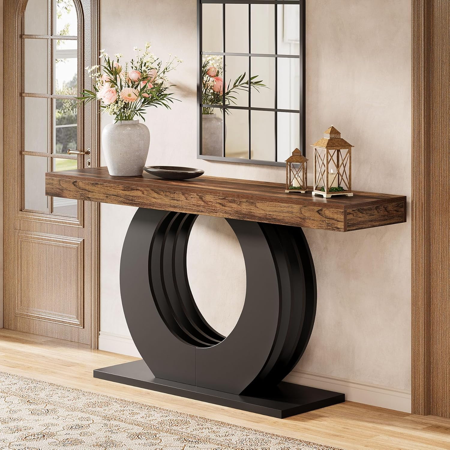 Tribesigns 63-Inch Sofa Table, Farmhouse Entryway Table, Narrow Long Couch Console Behind Sofa with Black Circle Metal Base for Living Room Hallway