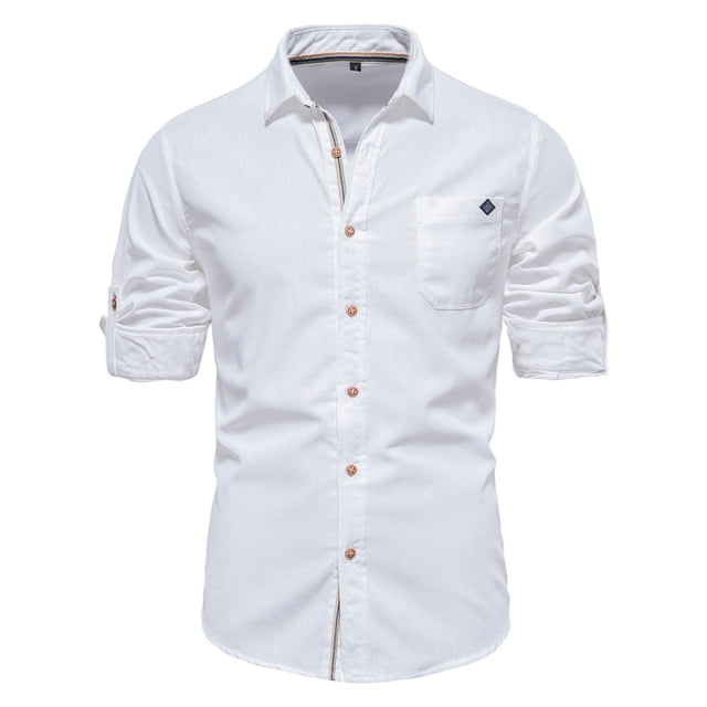 Camisas Hombre Camisa de algodón con solapa para hombre Camisa de manga larga de color sólido bordada informal de moda (White, XXL)