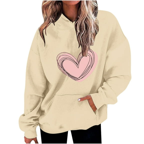 Penkiiy Women's Casual Heart Print Long Sleeve Pullover Hoodie Sweatshirt Tops 2XL Beige