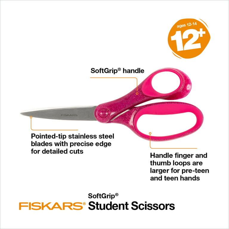 Fiskars Student Scissors, 7, Pointed, School Supplies for Kids 12+, Pink  Glitter 