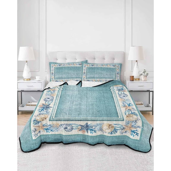 Quilts Twin XL Size, Teal Green Coastal Soft Comforter Bedding Set for Bed, Vintage Summer Beach Coral Shell Starfish Lightweight Quilted Bedspread with Pillow Cover(2 Pieces) All Season, 68x98 Inch