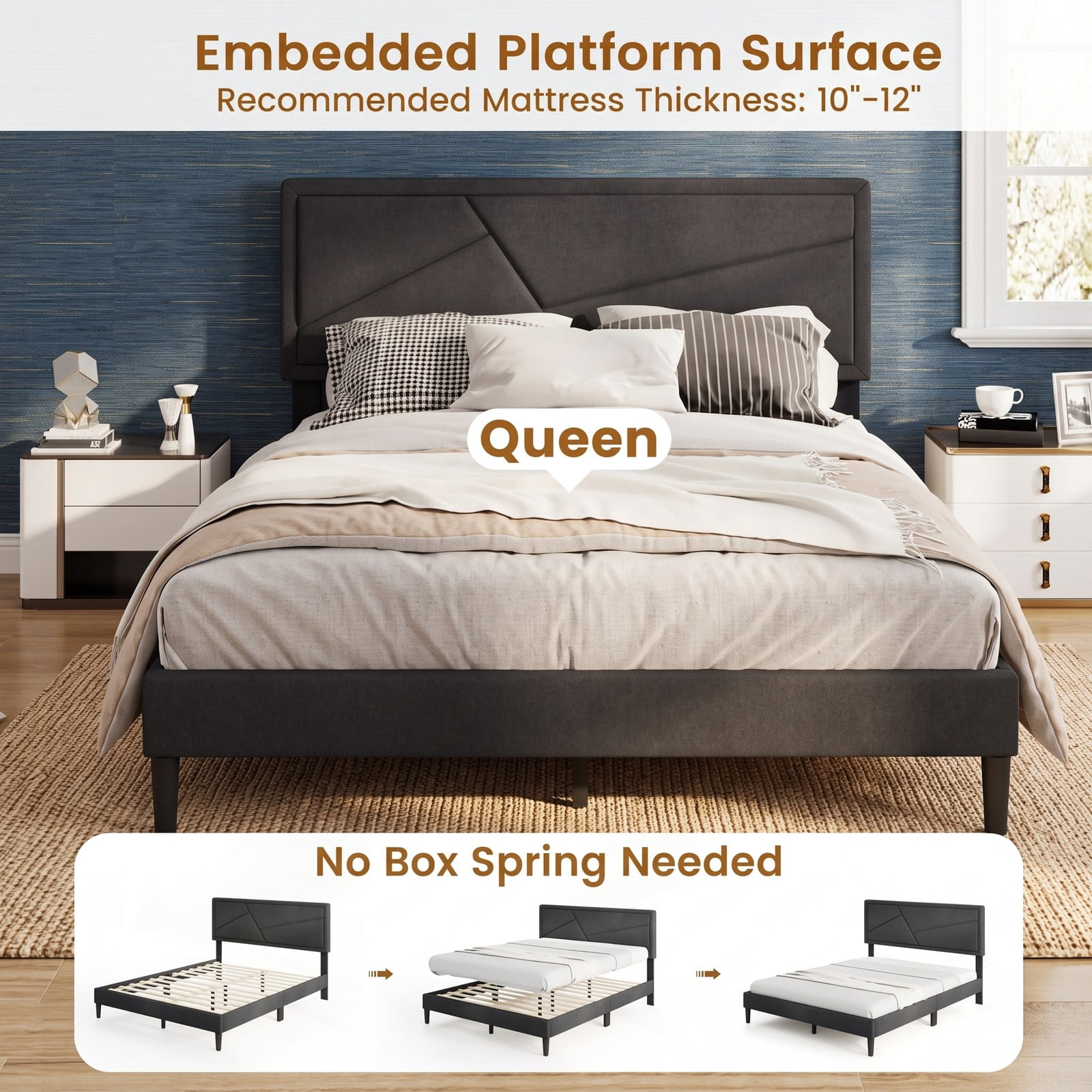 Furnibear Queen Bed Frame with Headboard, Upholstered Platform Bed Frame with 12 Plywood Slats for Modern Bedroom, No Box Spring, Dark Gray