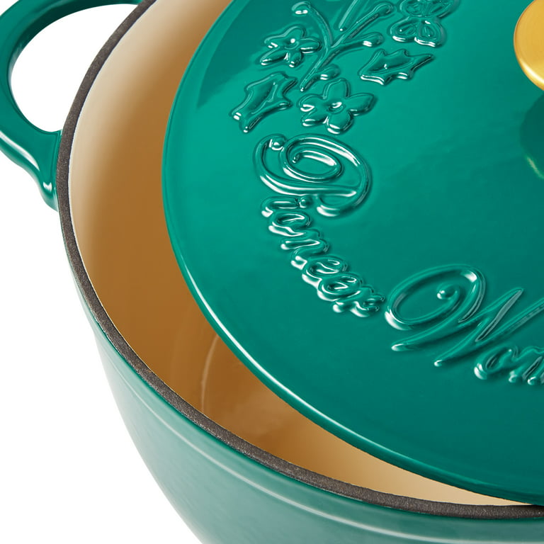 Vintage Large Enamel Dutch Oven Cooking Pot, Green With Retro Floral  Design. 