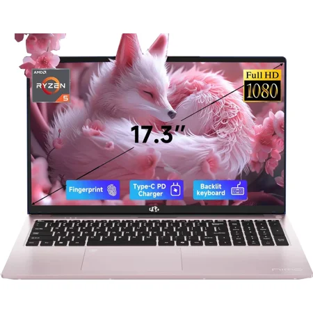 ESOOR 17.3" FHD IPS Gaming Laptop - AMD Ryzen 5 6600H (6-Core) Computer with Radeon 660M, 16GB DDR5 RAM, 1TB SSD, Backlit Keyboard, 100W Type-C, Fingerprint,Windows 11-Rose Gold