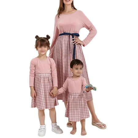 

Family Matching Dresses Outfits Plaid Print Long Sleeve Patchwork Midi Dress for Mother and Daughter with Belt