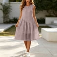 thumbnail image 5 of Dvprdro Solid Cotton Linen Crewneck Sleeveless Midi Dress for Women Ruched Bodice Flared Hem Loose Fit Summer Beach, 5 of 6