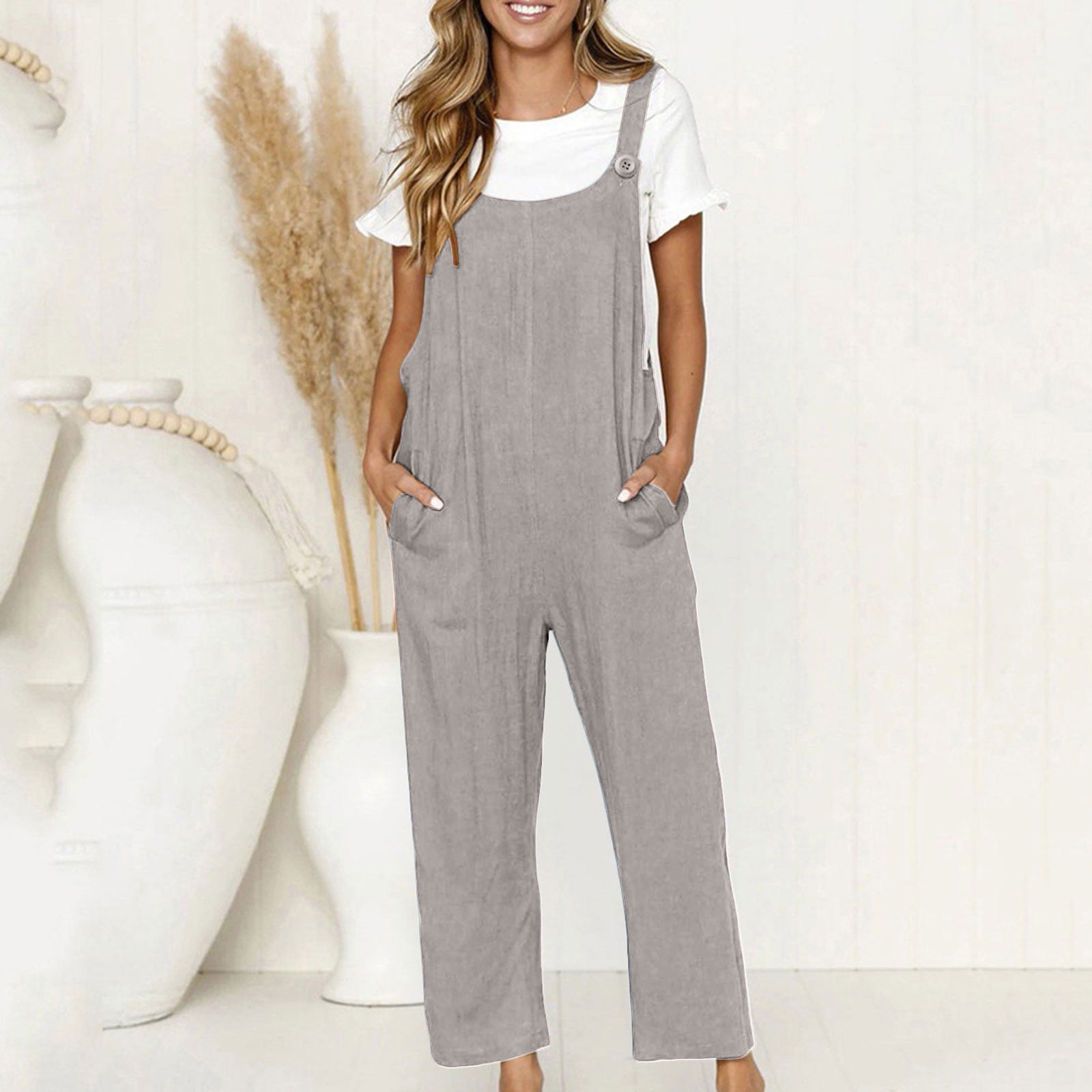lcziwo Linen Jumpers and Rompers Women,Women's Casual Loose Baggy Pocket  Jumpsuit Trendy Dressy Casual Playsuit Trousers Overalls Cotton Linen Pants  - Main Image