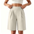 thumbnail image 4 of CQONEPT Women's Casual Bermuda Shorts Elastic Waist Wide Leg Knee Length Summer Shorts with Pockets Beige L, 4 of 7