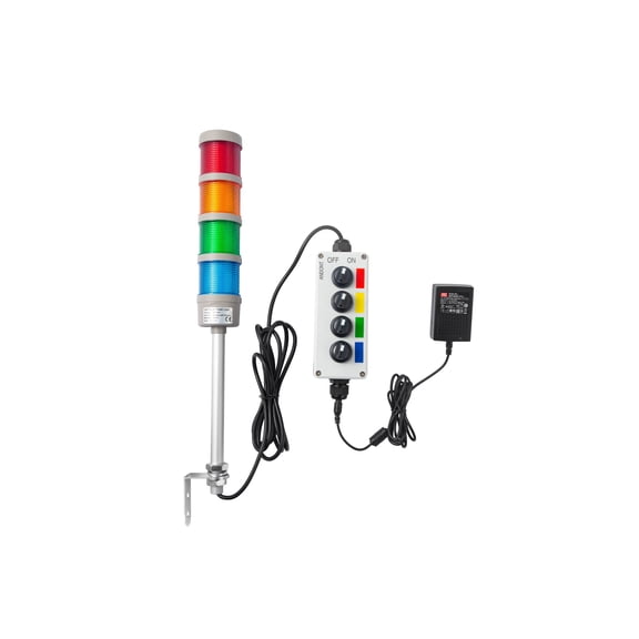 ANDONT 4-Stack LED Andon Tower Signal Light with Buzzer, Red/Yellow/Green, On/Off/Flash, ABB Selector Switch, Mean Well Industrial Power Adapter 6 ft & 16 ft Extension Cord, Plug-and-Play
