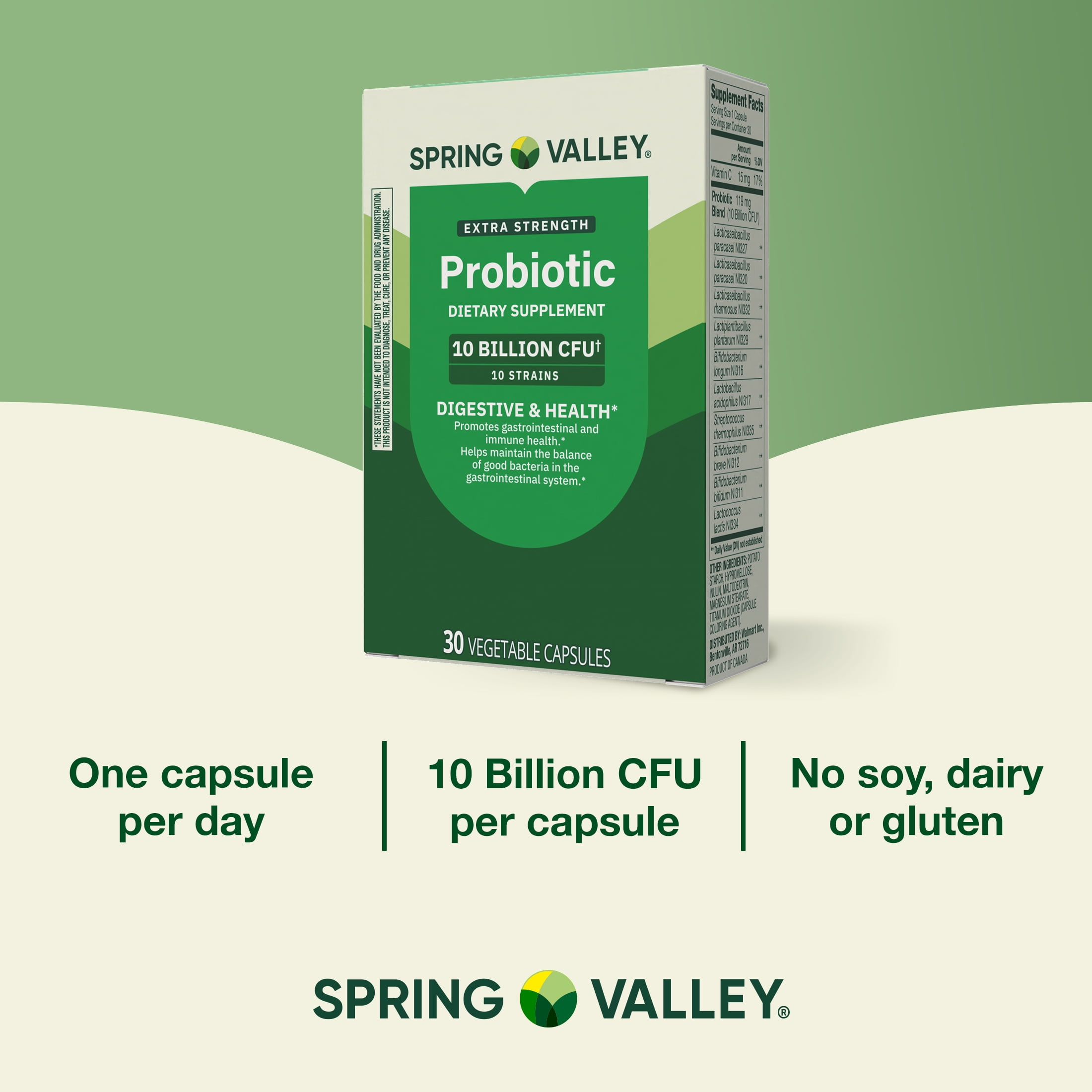 Spring Valley Extra-Strength Probiotic Vegetable Capsules for Digestive and Immune Health, 10 Billion CFU, 30 Count