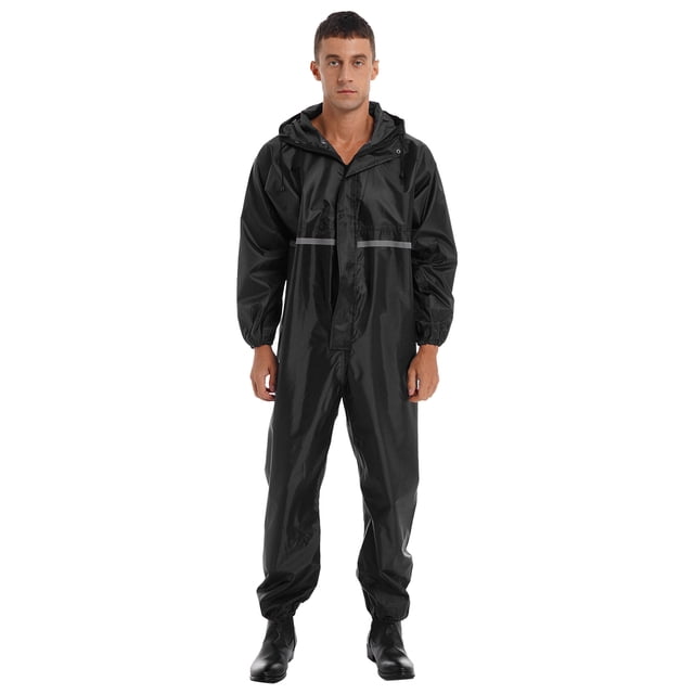 Miaeowve Mens Motorcycle Rain Suit One Piece Hooded Jumpsuit Reflective Strip Waterproof Rainsuit Black 175/XL
