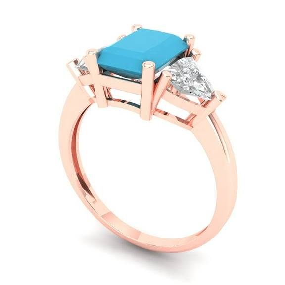 2.82 ct Emerald Cut Simulated Turquoise Three-Stone Engagement Ring for Women in 14K Rose Gold