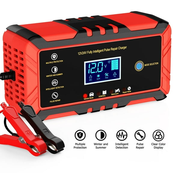 Car Battery Charger, 8A 12V/24V Battery Charger and Trickle Charger with Temperature Compensation Auto Stop and Memory Function, Fully-Automatic Battery Maintainer with Digital Touch Screen Display
