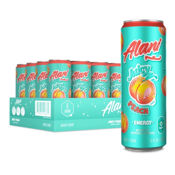 Alani Nu Sugar Free Energy Drink, Juicy Peach, 12 fl oz, 24 Pack, Cans, 200mg Caffeine