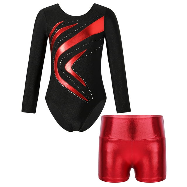 TiaoBug Girls 2Pcs Rhinestone Tracksuit Long Sleeve Gymnastics Dance Outfit Leotard with Shorts Unitard C04 6
