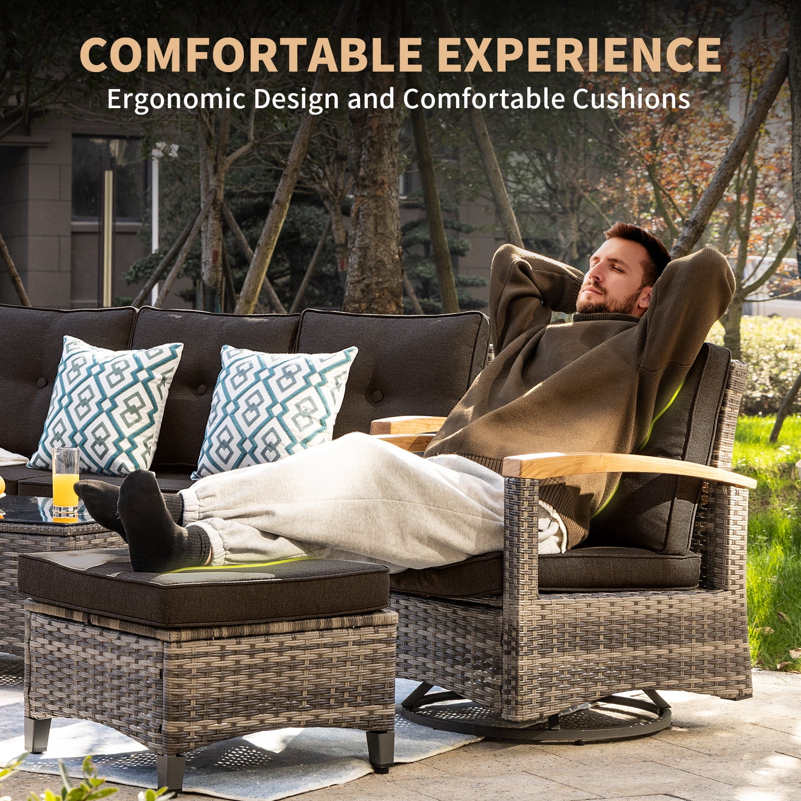 MEISSALIVVE 10 Pieces Outdoor Patio Furniture Sets, Wicker Patio Conversation Sets with 2 Wood Armrests Swivel Glide Chairs,2 Single Chairs, Outdoor Couch and Coffee Table(Black)