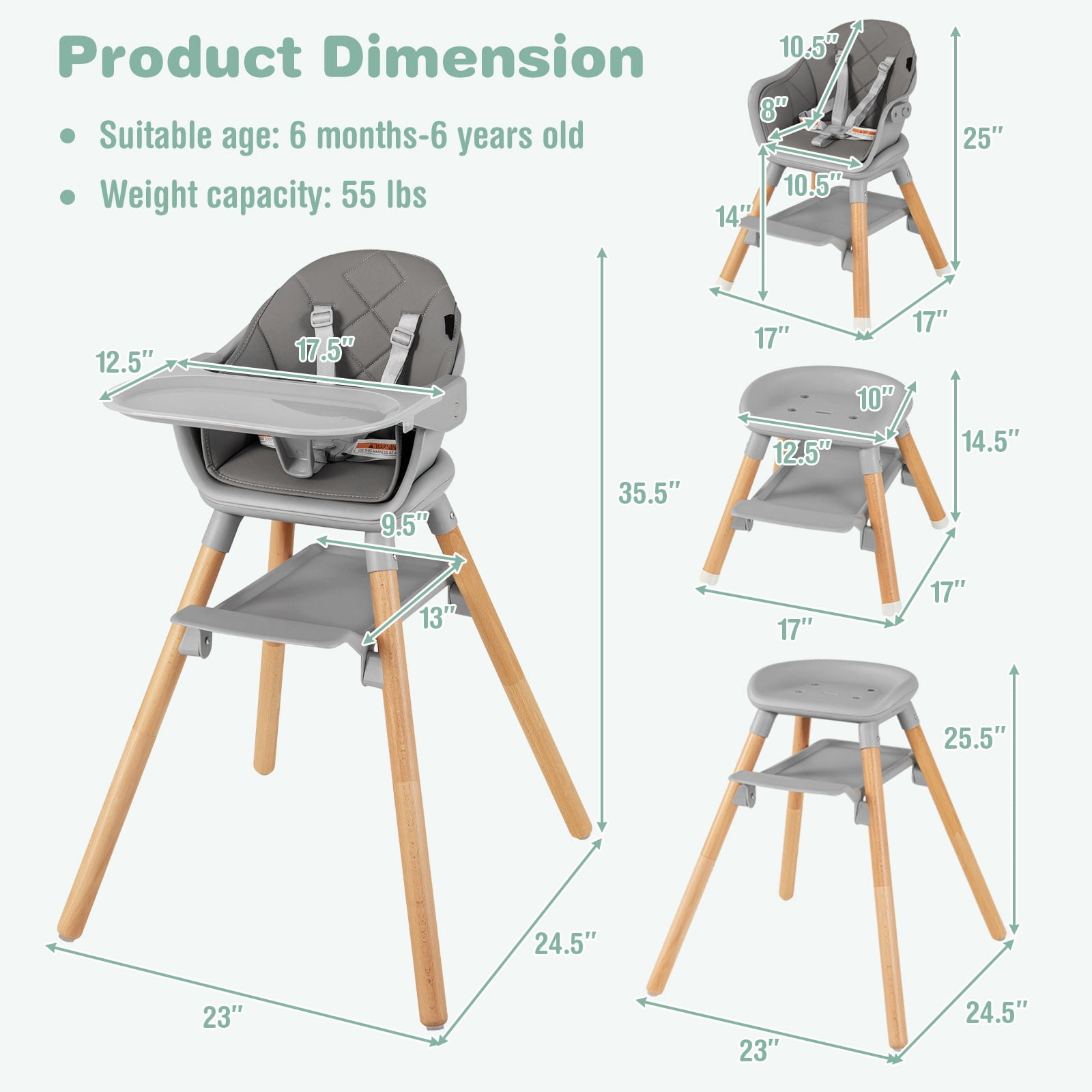 Infans 6-in-1 Convertible Wooden Baby Highchair Infant Feeding Chair w/ Removable Tray