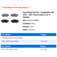 thumbnail image 2 of Front Brake Pad Set - Compatible with 1992 - 2001 Toyota Camry 2.2L 4-Cylinder 1993 1994 1995 1996 1997 1998 1999 2000, 2 of 2