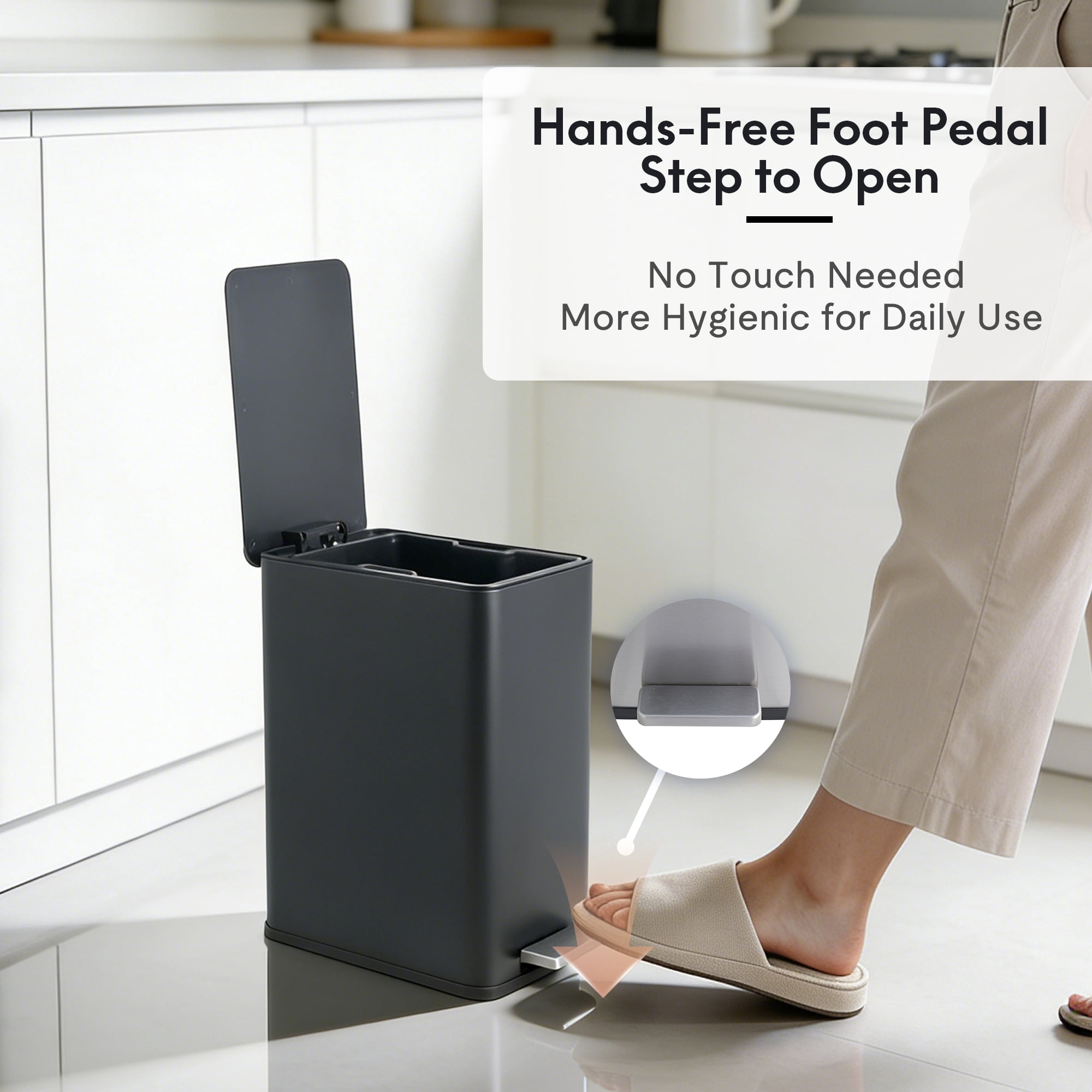 GARITIN GARITIN Step On Trash Can with Foot Pedal, Durable Stainless Steel Waste Bin with Removable Bucket for Home, Black