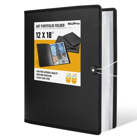 Nicpro 12x18" Art Portfolio Folder, 30 Pockets Display 60 Pages Art Painting Portfolio Binder with Clear Plastic Sleeves, Presentation Storage Book for Artists Artwork Drawing - (Black)