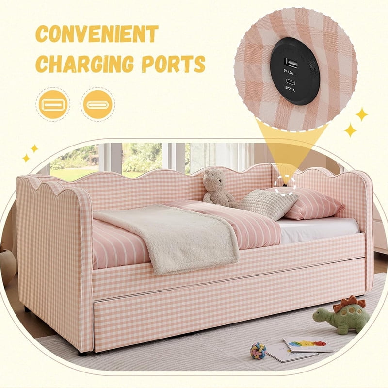 Full Size Upholstery Daybed with Trundle and USB, Full to King Design Wave Shaped Extendable Linen Sofa Bed, No Box Spring Required, for Living Room and Bedroom