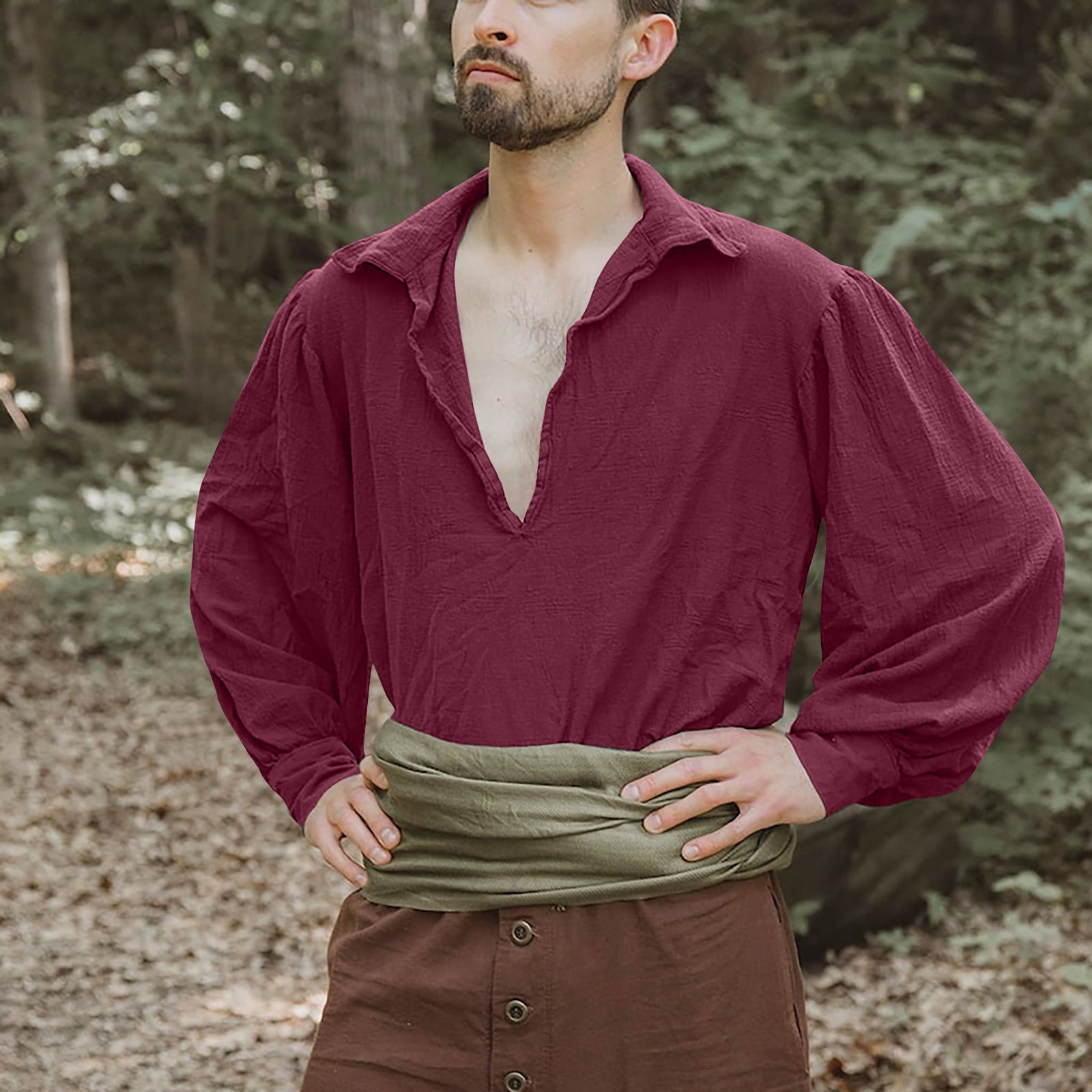 NoxwB Men's Vintage Pirate Cotton Linen Pullover Hippie V-Neck Long Sleeve  Loose Blouse Mediaeval Renaissance Cosplay Party Costumes Wine XL -  Walmart.com
