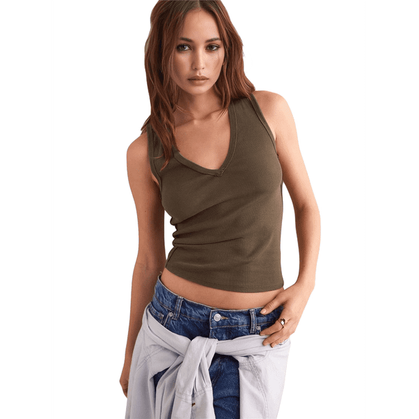 Camisetas Sin Mangas Acanaladas para Mujer, Camisetas de Verano Ajustadas con Cuello en V, Camisetas Casuales Básicas de Punto Sin Mangas Color Café S