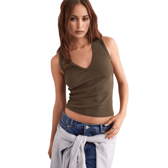Camisetas Sin Mangas Acanaladas para Mujer, Camisetas de Verano Ajustadas con Cuello en V, Camisetas Casuales Básicas de Punto Sin Mangas Color Café S
