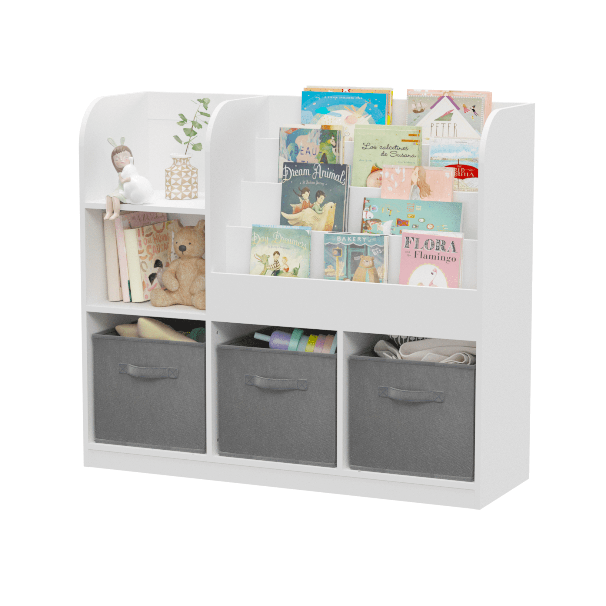 PORKISS Bookshelf for Kids, Wooden Kids Bookcase with 3 Collapsible Fabric Drawers, Modern Bookcase Display Stand, Freestanding Toy Organizer for Children's Room, Playroom, Hallway, White/Gray