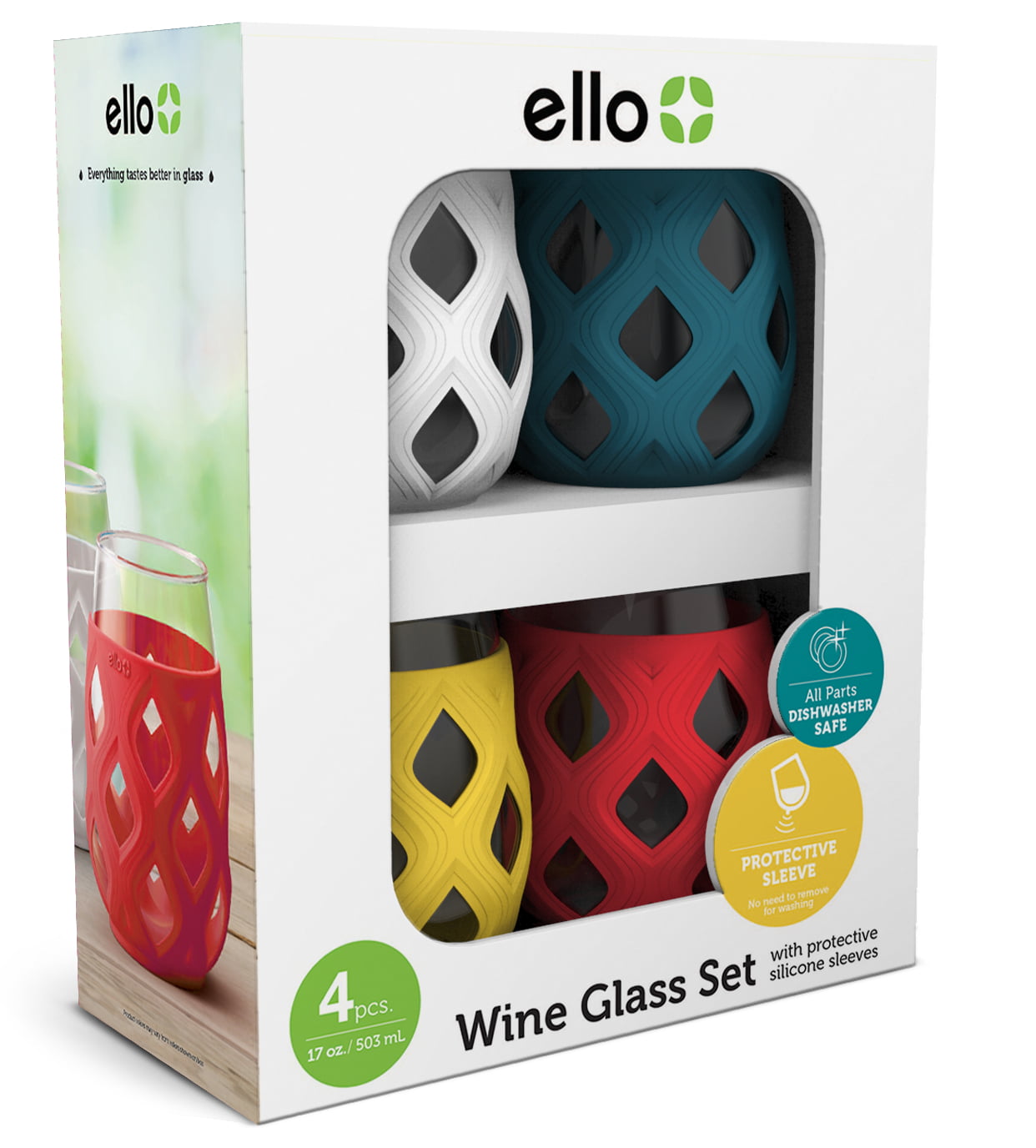 Ello Cru Stemless Wine Glass Set with Silicone Protection, 4 Pack, Paloma 