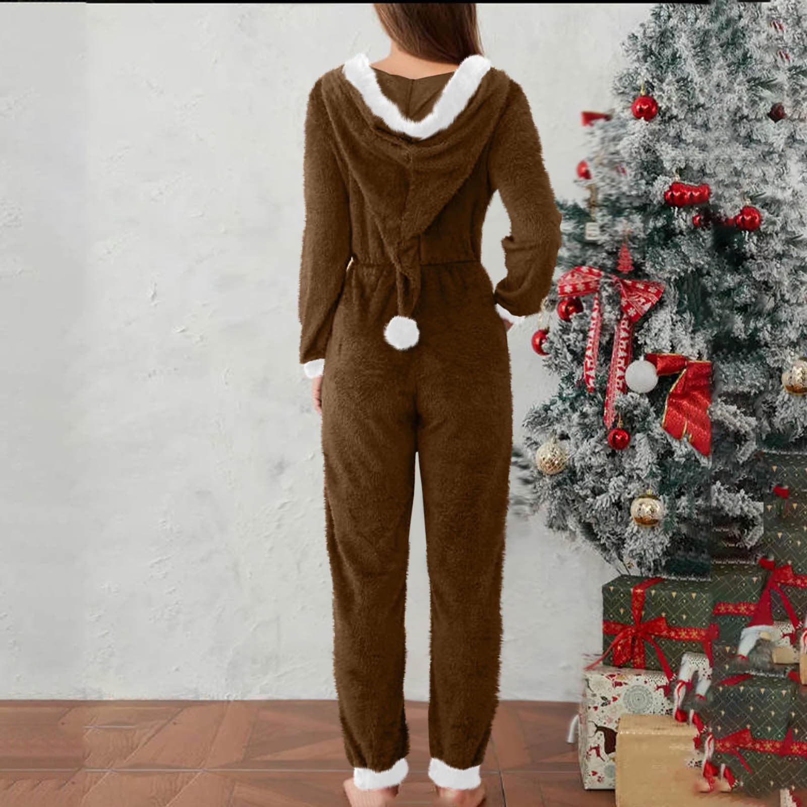 yoeyez Adult Onesie Pjs for Women Sherpa Jumpsuit Long Sleeve Fuzzy Pajamas Santa Hooded Winter Rompers Sleepwear