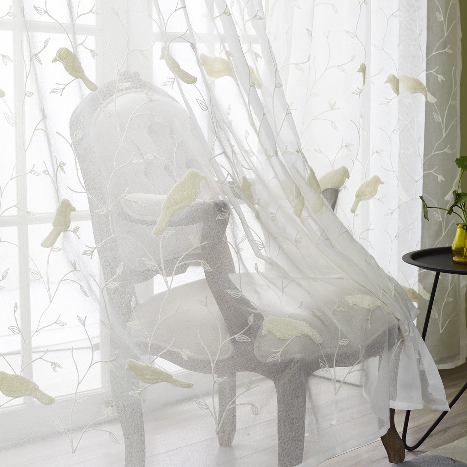 VOGOL White Birds Embroidered Sheer Curtains, Window Curtain Sheer Voile Panels for Living Room Bedroom, 52x84, Set of 2, Rod Pocket