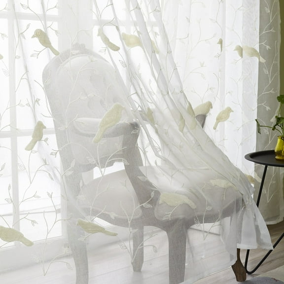 VOGOL Birds Embroidered Sheer Curtains 96 inches Length, White Rod Pocket Sheer Voile Panels for Living Room Bedroom, 52 x 96, Set of 2
