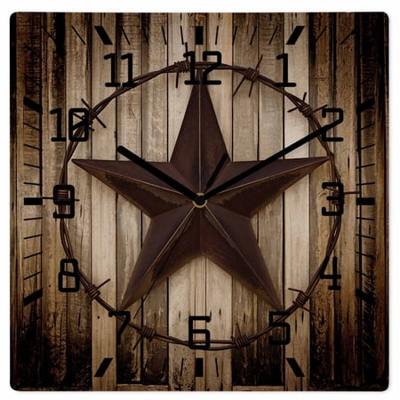 Western Star Retro Wooden Wall Clock Silent Non Ticking, Vintage Brown Wood Barn Square Wall Clocks Battery Operated, Decor Clock for Home Office, Living Room, Kitchen, 10 Inch