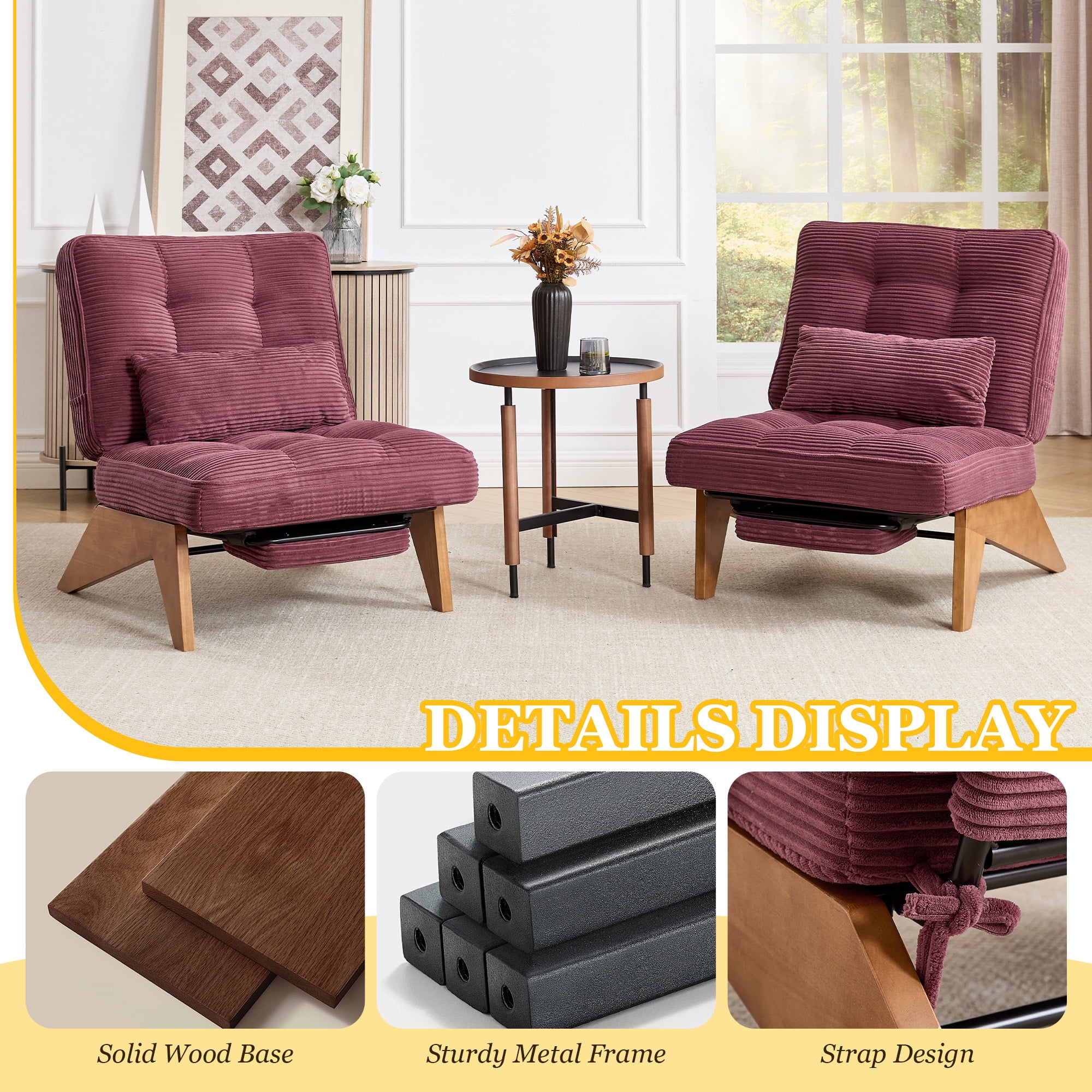 MOONMISS Modern Adjustable Lounge Chair with Footrest,Wooden Base Upholstered Recliner for Reading Rest Corduroy