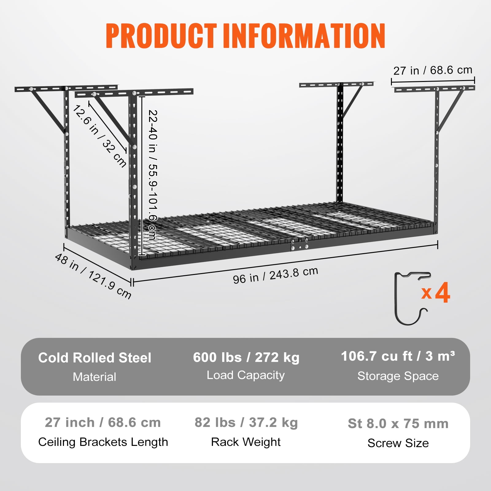 KFFKFF Overhead Adjustable Garage Storage Rack 48x96" Ceiling Rack 600 lbs Black